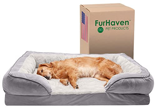Furhaven Kühlendes Gel-Hundebett für große Hunde mit abnehmbaren Nackenrollen und waschbarem Bezug, für Hunde bis zu 43 kg, Plüsch- und Samtwellen, Perfekter Komfortsofa, Granitgrau, Jumbo/XL, 101,6