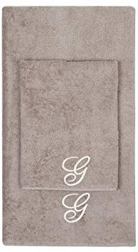 Handtuch-Set mit Initialen, Bestickt, Gesichtshandtuch, Badetuch mit Initialien, weich, saugfähig, strapazierfähig, Taupe, Stickerei, Creme, Buchstabe G