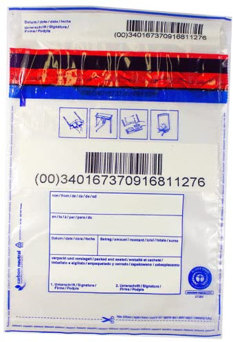 300 x Sicherheitstaschen: 195 x 265 + 30 mm Bon, Druck: von, an, Datum, Betrag, Verpackt, Unterschrift