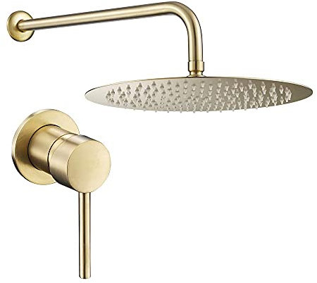 VALAZ Ducha Empotrada Dorado Cepillado Protección PVD | Ducha Monomando 1 Vía, Rociador Efecto Lluvia | Instalación en Pared Fácil y Rápida | Inoxidable, Redonda, Rociador 20 cm, Serie Guadiana