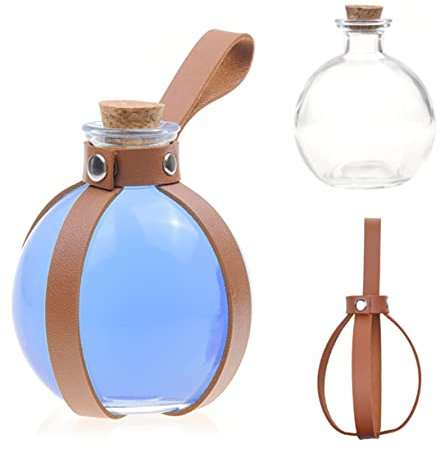 Eco-Fused kugelförmige Zaubertrank Klarglasflasche - Cosplay, Zauberer, Hexe Kostüm Zubehör - mit einem Korken Stopper, Kunstleder Ärmel Halter, Gürtelschlaufe (Braun)
