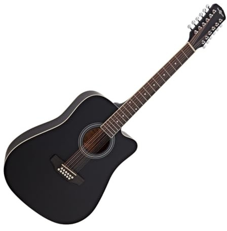 Chitarra Acustica a 12 Corde Dreadnought di Gear4music Nero | Ponticello e paletta su misura per un chatoiement 12 corde ricco, corpo leggero in tiglio, cutaway per accesso acuto