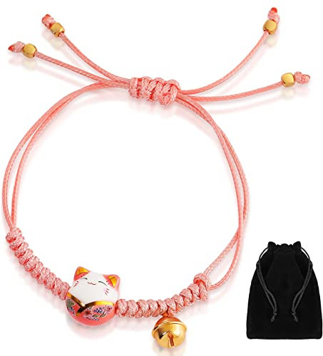 Hicarer Porte-Bonheur Kawaii Bracelet à Cordes Mignon Feng Shui de Chaton Maneki Neko en Céramique Ajustable avec Cloche et Sac Flanelle
