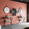 Kiamami Valentina Mobile bagno industrial 2 cavalletti metallo, lavabo appoggio, specchio tondo | Lagos