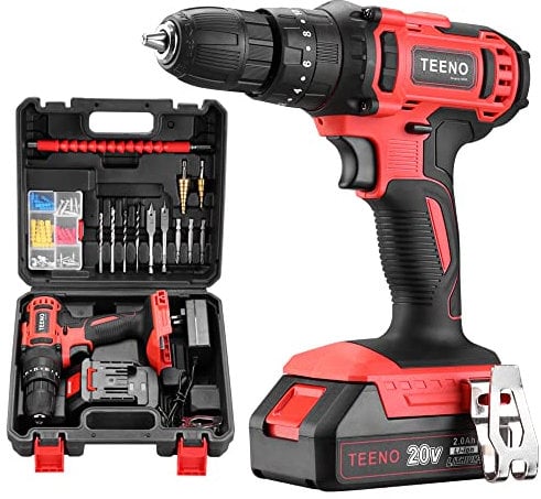 Marteau perforateur TEENO, sans fil, 20 V, couple élevé de 40 NM, 1 batterie Li-Ion 2A, réglage à 2 vitesses, maximum 1550 tr/min à vide, gants professionnels inclus, 18+3 réglages de couple