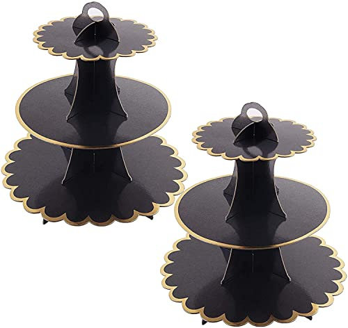 YKKJ 2 PCS Alzata Torta,3 Livelli Alzata Cupcake in Cartone,Adatto per La Festa di Matrimonio, Compleanno, Baby Shower, Torta, Torta da Dessert(Nero).