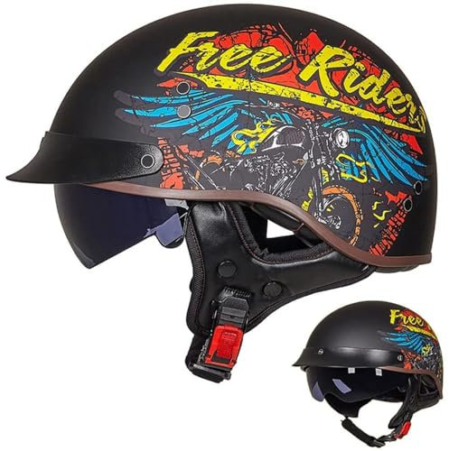 Casque Bol Homologué ECE Jet Brain Cap Demi-Casque Moto Vintage Brain Demi-Coque RéTro Ouvert Visière IntéGrée Cruiser Chopper Scooter Cyclomoteur,E-L=（59~60cm）