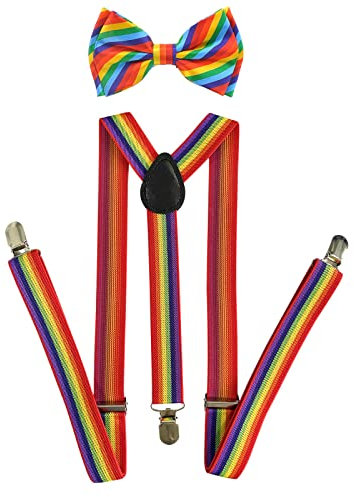 SUNTRADE Männer Frauen Clip-on Regenbogen Hosenträger Elastische Y-Form Verstellbar mit Clips und Fliege (Dunkler Regenbogen)