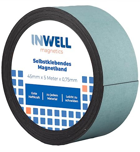 Inwell - Selbstklebendes Magnetband 45 mm auf Rol | 5 meter | Stark magnetisch | Selbstklebend I Magnetklebeband I Magnetstreifen