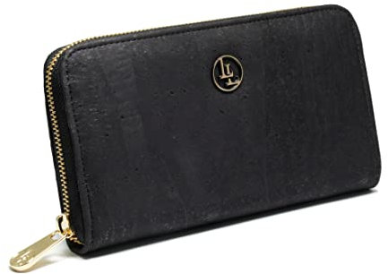 Damen Geldbörse aus veganem Korkleder Groß, Frauen Portemonnaie mit RFID-Schutz, Vegan Wallet, Kork Brieftasche nachhaltig (Schwarz)