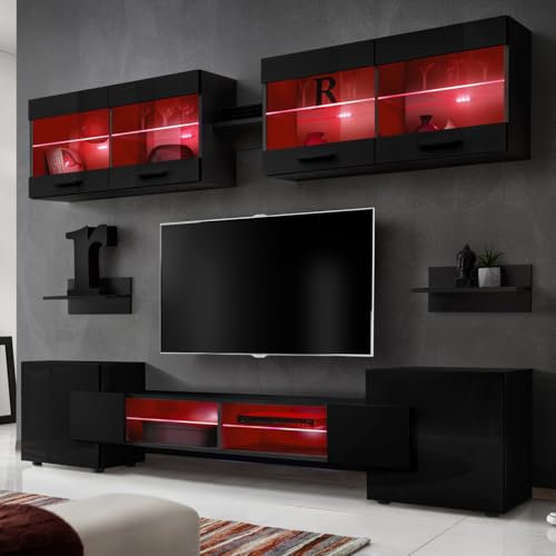 Komodee, Wohnwand Wohnzimmerset RTV Foggia, Front in Schwarz Hochglanz/Karkasse in Schwarz Matt, Breite 230cm x Höhe 195cm x Tiefe 35cm, LED RGB, für Wohnzimmer, Schlafzimmer
