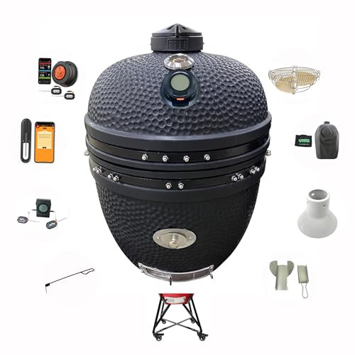 YNNI KAMADO TQTT23MB XL 23 Grill, GREY, Chipfeeder, Bundle, BBQ, Ceramic, Egg, Smoker, TQTT23MB