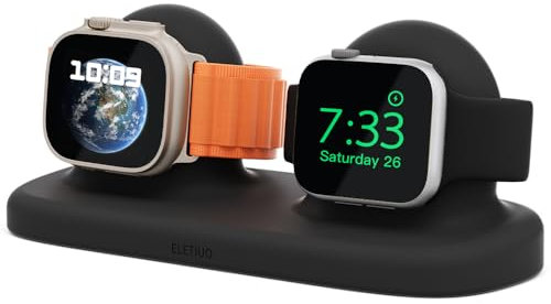 ELETIUO Dual Charger Stand Compatible with Apple Watch Series 49/46/45/44/42/41/40/38mm iWatch Ultra2/Ultra/10/9/8/SE2/7/6/SE/5/4/3/2/1,Silicone Dock Organizer Supports Night Stand Mode,Black