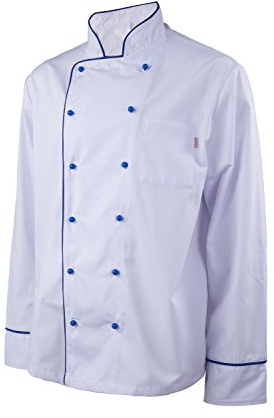 Clinotest Kochjacke langarm in weiß mit verschiedenen farbigen Paspelierungen und farbigen Kugelknöpfen (DE/NL/SE/PL, Alphanumerisch, 5XL, Regular, Regular, weiß/blau)