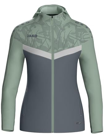 JAKO ICONIC Kapuzenjacke Gr. 34 Anthra Light/Mintgrün/Soft Grey - Zipper Hoodie Damen, Bequeme Sweatjacke mit Keep Dry Funktion aus 100% recyceltem Polyester