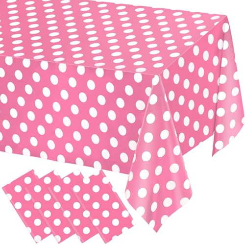 WNINK Lot de 4 nappes jetables en plastique imperméable à pois roses et blancs Minnie pour fête d'anniversaire 137 x 274 cm