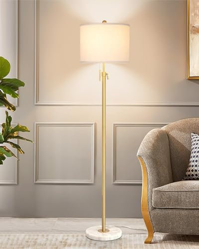 Floor Lamp,Floor Lamps for Living Room, Gold Standing Lamp with Fabric Lampshade,3 Colors Temperature,Adjustable Height Modern Tall Standard Lamps for Bedroom Office(9W Bulb Included)