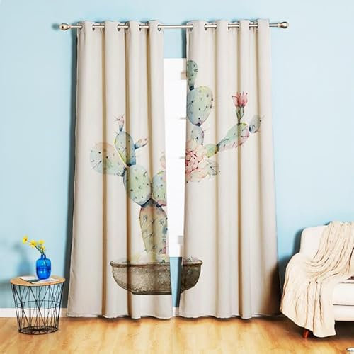 Vorhänge Beige Grüner Kaktus Gardinen Weich Verdunklungsvorhänge Thermovorhang Vorhang Blickdicht Gardinen mit ösen Vorhänge Wohnzimmer Schlafzimmer Waschbar Curtains(2x140x250cm)