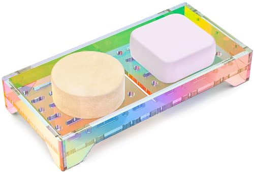 NiHome Self-Draining Acrylic Soap Dish, Durable Bathroom and Kitchen Soap Holder with 360° Airflow, Elegant Slotted Design to Keep Soap Bars Dry and Free from Residue, Easy to Clean (Iridescent)