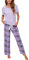 Atxnn Damen Schlafanzug Baumwolle Pyjama Zweiteiler Nachtwäsche Weich Kurzarmshirt Lange Kariert Hose Pyjama Set Hausanzug mit Taschen, LILA S