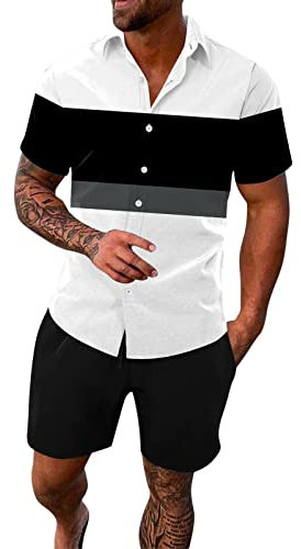 Herren 2 Teiliges Sommer Farbblock-Hemd Hawaiihemd Strandshorts Kurzarm T-Shirts + Kurze Hose Set Beach Freizeithemden Strand Surf Shorts FüR Urlaub Freizeit Jogginganzug Herren Sommer (Black-Q, XL)