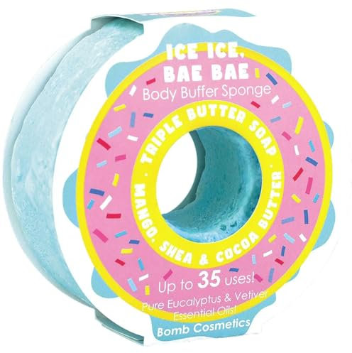 Bomb Cosmetics Body Buffer Soap Infused Sponge 2 in 1 Cleanse Peeling Moisturizing Triple Butter Soap Sponge with Soap Inside Ice Ice Bae Bae Bae