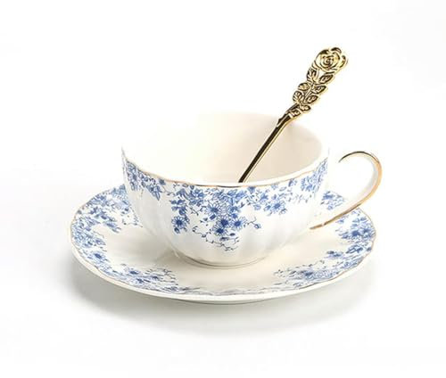 DRFGHK Service à thé de l'après-midi de Style Anglais, théière à Fleurs, Tasse à thé en Verre, Tasse à café et Soucoupe en Porcelaine Bleue et Blanche