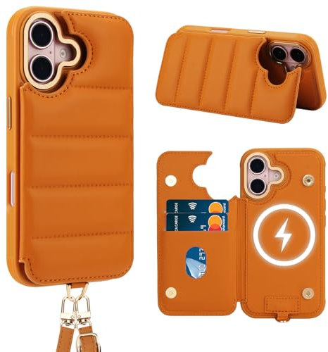 Butnyeoe Crossbody Wallet Case for iPhone 16(6,1) with Card Holder Magnetic Charging Kickstand,Flip Leather Phone Case,RFID Blocking Protective Cover,Wrist Strap Lanyard Handbag,Orange