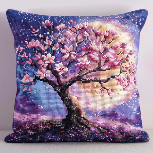 AMBATTERY 11CT Sticken Set Kreuzstich Kissen, Schöner Kirschbaum Kreuzstich Kissen Set Vorgedruckt Handstickerei Nähkissenbezug Stickset Kreuzstichkissen Zum Dekorieren 45x45cm