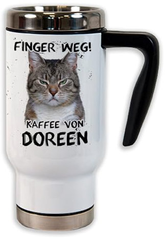 Unikatolo Thermobecher personalisiert mit Name Katzenmotiv, Isolierbecher bedruckt mit schlecht gelaunter, böser Katze, Kaffeetasse Lieblingstasse lustig, Büro, Kollegen, Freundin (Finger weg!)
