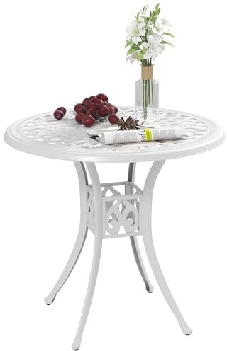 Outsunny 78 cm Round Garden Dining Table with Parasol Hole Antique Cast Aluminium Outdoor Table Only, White