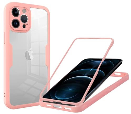 SLWYF Kompatibel mit iPhone 12 Pro Max Hülle Eingebauter displayschutz 360 Grad Rundumschutz Handyhülle, Militärischer Stoßfest TPU Bumper Schutzhülle Robuste Durchsichtige Kratzfest Case, Rosa