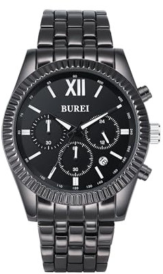 BUREI Herren Luxus Armbanduhren, Schwarze Herrenuhr Edelstahl Chronograph, Business Herrenuhren mit wasserdichtem römischen arabischen Ziffern Zifferblatt Uhr für Männer