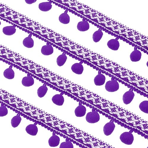 sourcing map Besticktes Pompon-Bordüre, 20 Meter Polyester-Bommel-Bordüre, gewebte Stickerei-Bordüre für Heimwerker, Nähen, Basteln, Kleidung, Dekoration, Lila