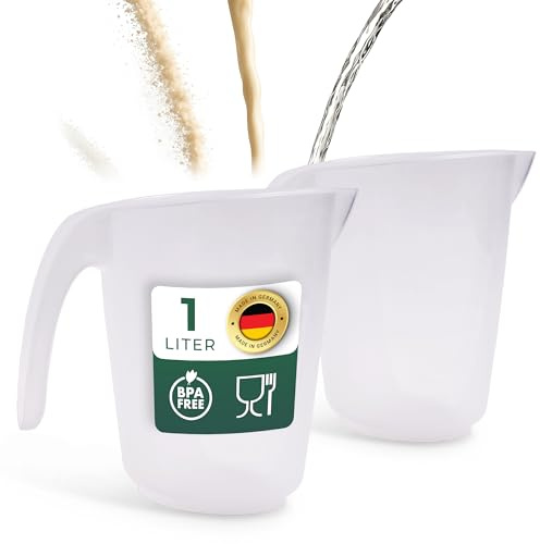 Novaliv 2x 1L Messbecher, Meßbecher 1000ml Set transparent mit klarer g/ml Skala für Flüssigkeiten Mehl & Zucker, Made in Germany, Spülmaschinenfest, Rührschüssel Messbehälter Litermaß Küche