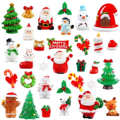 XIMISHOP 32 Stück Weihnachten Mini Figuren Harz, Kleine Christmas Figurines Miniatur Weihnachtsmann Schneemann Weihnachtsbaum Mini Ornamente Weihnachtsfiguren Tischdeko für Xmas Party Geschen