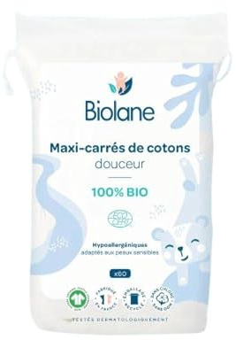 BIOLANE Cotons maxi-carrés douceur hypoallergénique bio 60 cotons