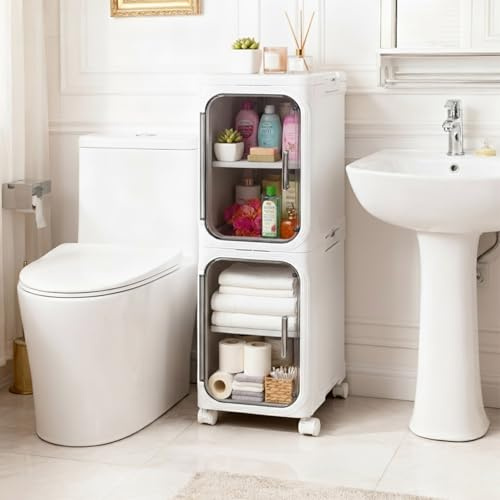 Pinkgarden Slim Bathroom Storage Cabinet with Wheels, Foldable Narrow Bathroom Cabinet, Movable Storage Unit for Small Spaces Laundry and Kitchen, White (White, 2 Tier)