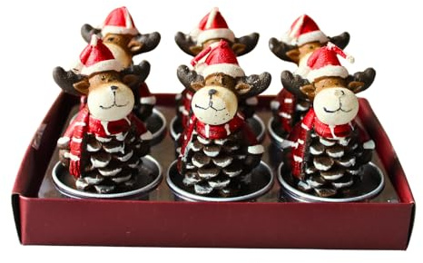 6er Set Teelicht Elch - Rentierkerze, Teelichtkerze als Elch mit roter Mütze auf Zapfen, Lieferumfang 6 Figurenkerzen, Maße je Teelicht L/B/H: 4 x 4 x 6 cm.