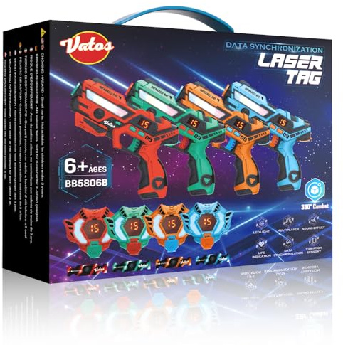 VATOS Laser Tag 360°Sensors Set of 4 players, 2.4GHz Rechargeable Infrared Real-time Data Display Laser Tag Gun, Fun Family Group Activity Game Toy Guns for Kids Teenage Gifts Age 6+