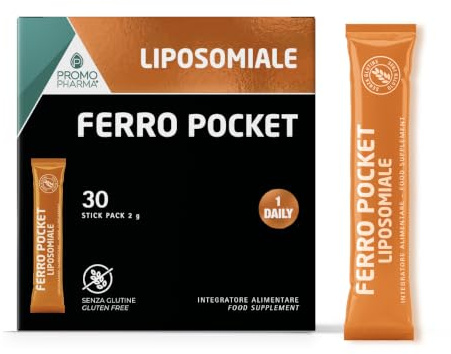 Ferro Pocket Liposomiale - Con Vitamina C e B12-30 Stick da 2g | Con Ferro 15,4 mg e Vitamina C
