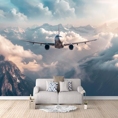 Fototapete Flugzeug 300×210 cm (BxH) Tapete - Fototapeten 3D Wohnzimmer Vlies Tapeten Natürliche Wolken Schneeberg Passagierflugzeug Wandtapete Moderne XXL Wand Deko Fototapete Schlafzimmer Bildtapete