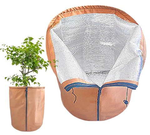 Winter-Blumentopfabdeckungen, Frostschutzbeutel, isolierte Kordelzugabdeckung mit Reißverschluss, 65 x 70 cm, Thermo-Oxford-Tuch-Schild, für Außenbereich, Garten, Bäume, Sträucher, Früchte, Silber