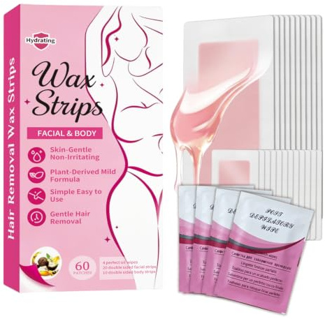 60 Stück Kaltwachsstreifen Set (40 Gesicht + 20 Körper) für Frauen | Haarentfernung für Gesicht, Körper & Bikini, inkl. 4 Öl-Tücher