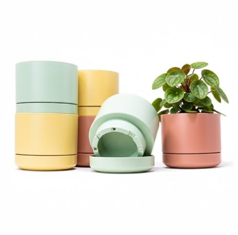 Blomkrukor 14 cm med Fat – 6-Pack Plastkrukor och Växtkrukor för Inom- och Utomhusväxter – Stabila Plantkrukor med Dräneringshål för Hem, Balkong och Trädgård (6 x Pastel 14cm) | Plastblomkruka | hållbar och hållbar plast