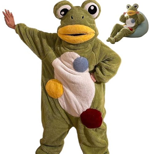 Combinaison Grenouille pour Adulte, Combinaison Grenouille, Pyjama Complet en Polaire Corail Doux avec Capuche et Pieds, Costume d'animal Chaud pour Halloween, Cosplay et vêtements de détente, Costum