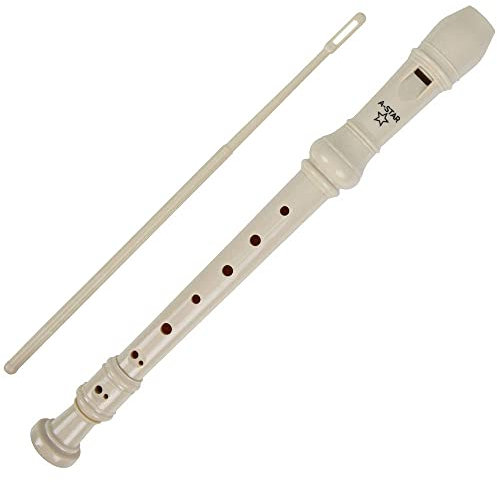A-Star Soprano/Descant School Recorder Instrument, Doigté anglais/baroque - Clé de C avec tableau d'apprentissage, sac, tige de nettoyage - Beige