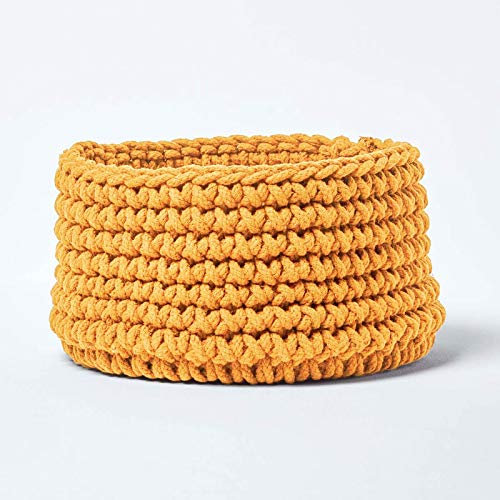 HOMESCAPES Mustard Knitted Storage Basket Round W37 x H21cm 100% Cotton Fabric Basket Toys Basket Matching with Knitted Pouffes