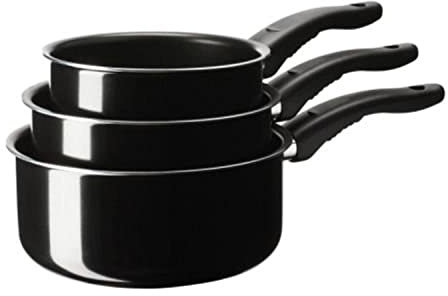 KAVALKAD Saucepan, Set of 3, Black, Sizes: 1 l, 1.5 l and 2 l. STABIL double-boiler insert fits all saucepans. The pan's low weight makes it easy to handle when filled with food.