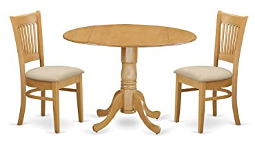 East West Furniture DLVA3-OAK-C 3-teiliges Esszimmer-Set enthält einen runden Esszimmertisch mit Dropleaf und 2 gepolsterten Stühlen aus Leinenstoff, 106 x 107 cm, Eiche
